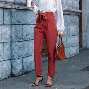 SHEIN Front Tie Back Zip Rust Orange Tapered Pants